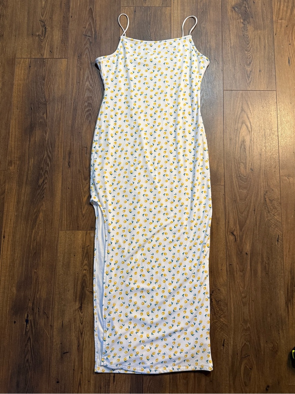 Vine & Valley Women’s XL Lemon Print Ribbed Maxi Dress Side Slit Spaghetti Strap - Picture 2 of 10